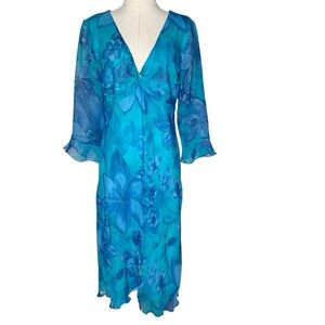 Vintage 90s Blue Floral Bell Sleeve Maxi Dress Fairy Hippie Cottage Twee
